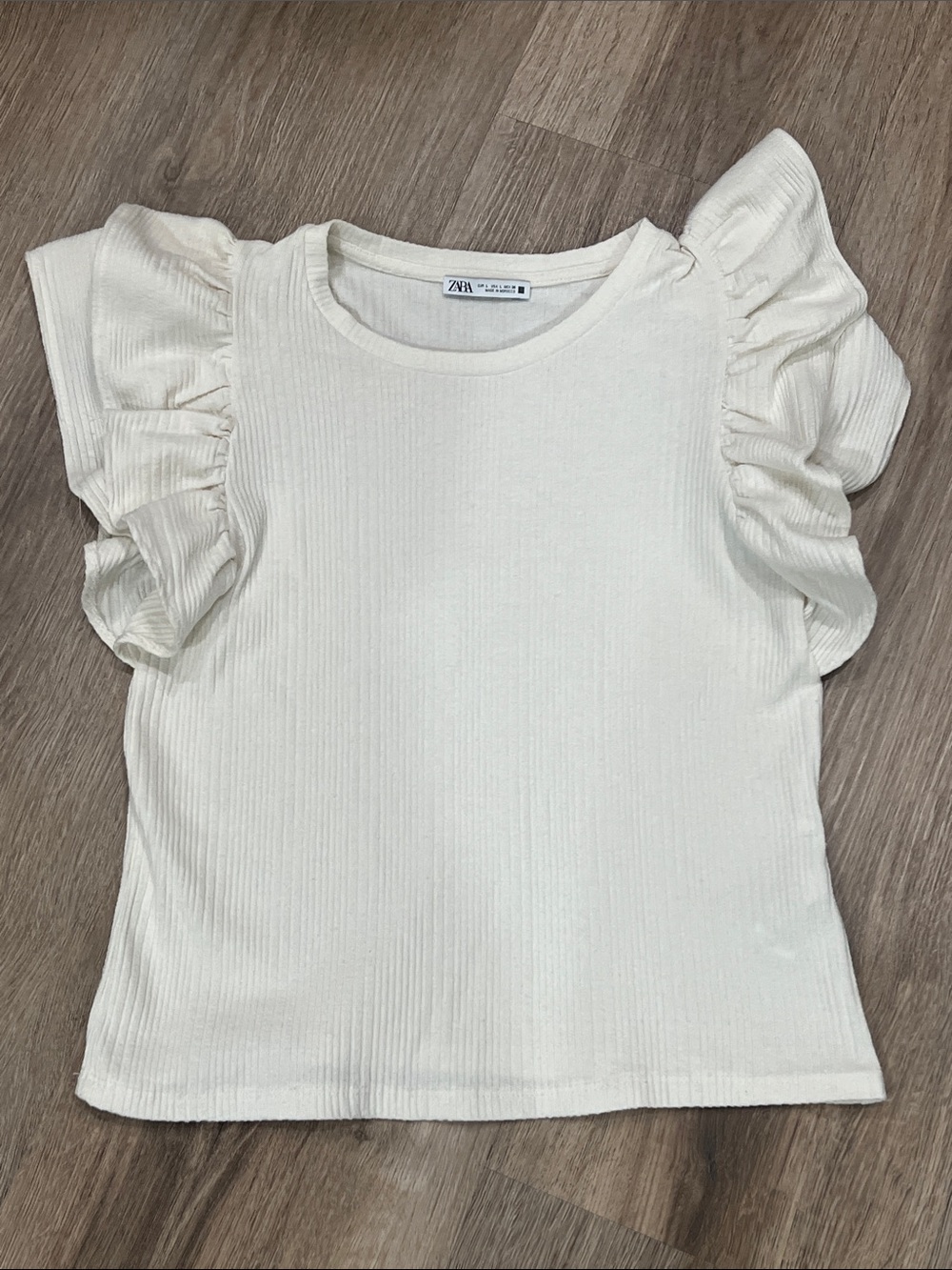 Zara Cream Ruffle Sleeve Ribbed Top